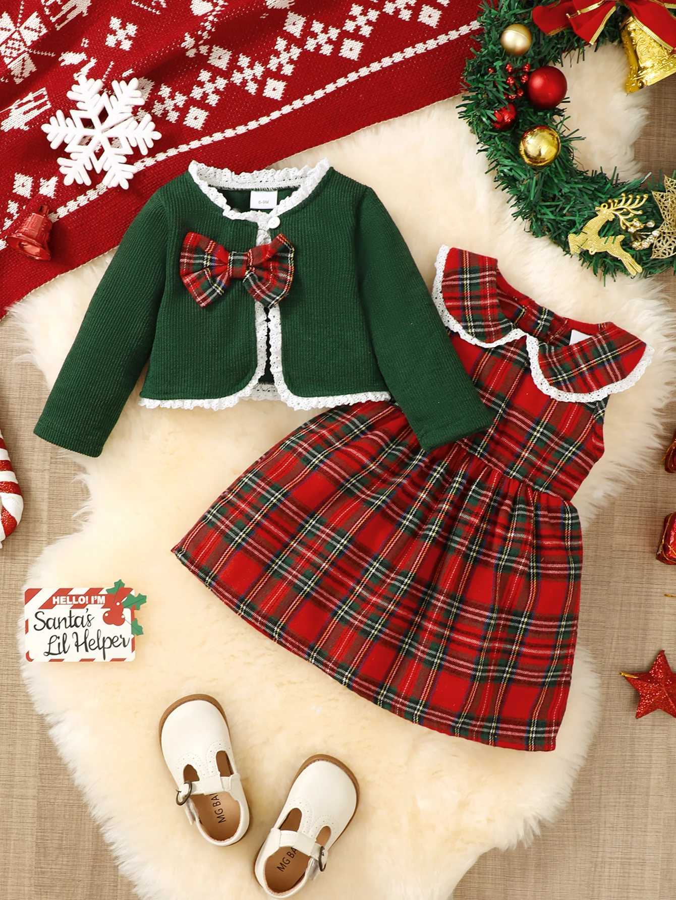 Christmas Baby Girl Set Doll Collar Flip Collar Checkered DressKnitted Cardigan Coat Lace Casual Cute Two Piece Set L250926XD4X