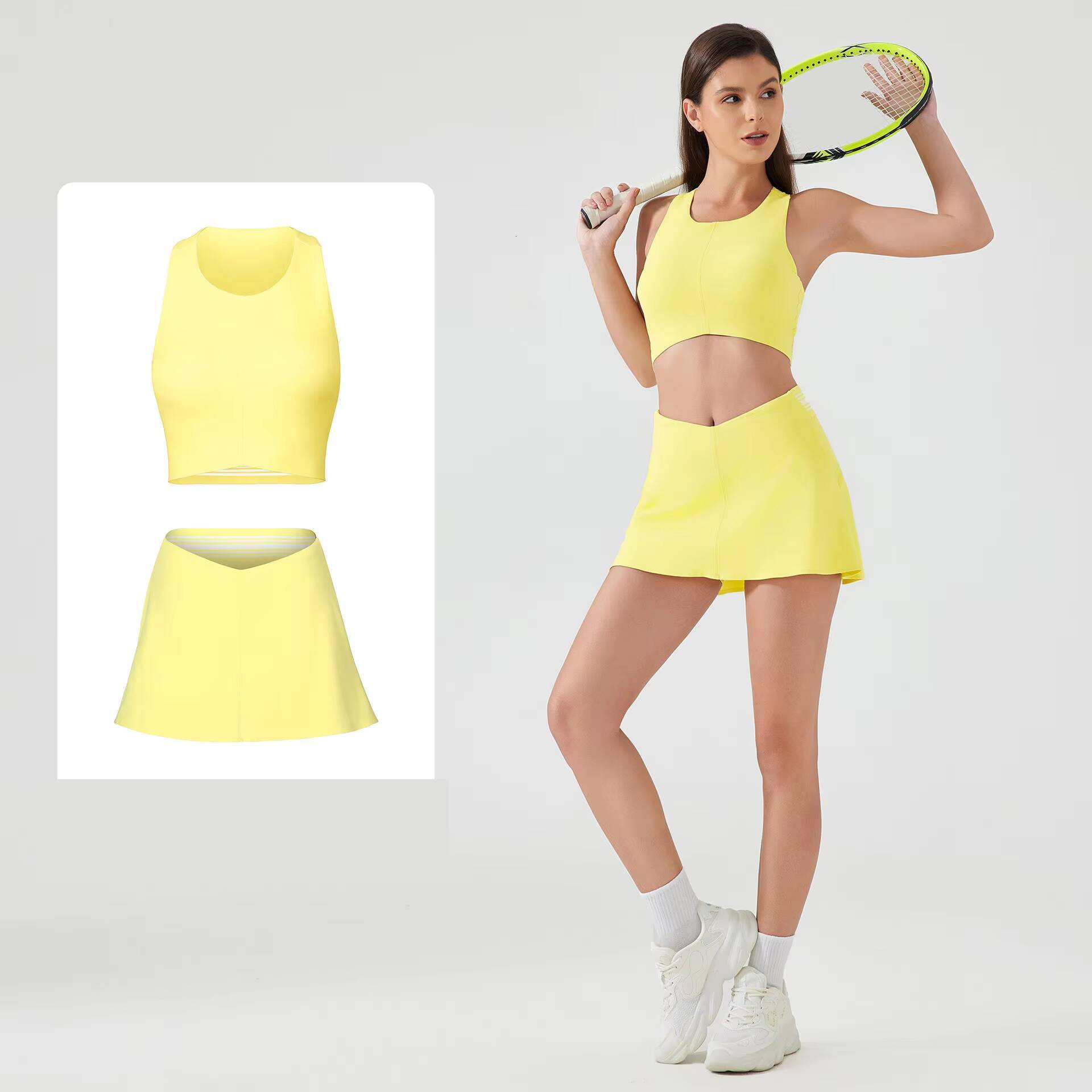 Sports Top Tennis Skirts 2 Pieces Tennis Wear with Pocket Activewear Quick Drying Gym Fitness Yoga Tennis Skirt Set for Women
