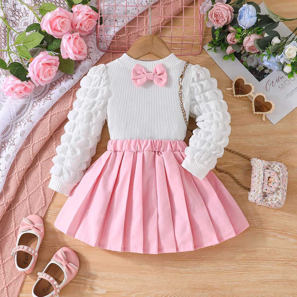 FOCUSNORM 3 Colors Fashion Kids Girls Fall Clothes Sets 38Y Long Puff Sleeve Bow Front Tops Pleated Skirt 2PCS L2509265WTL