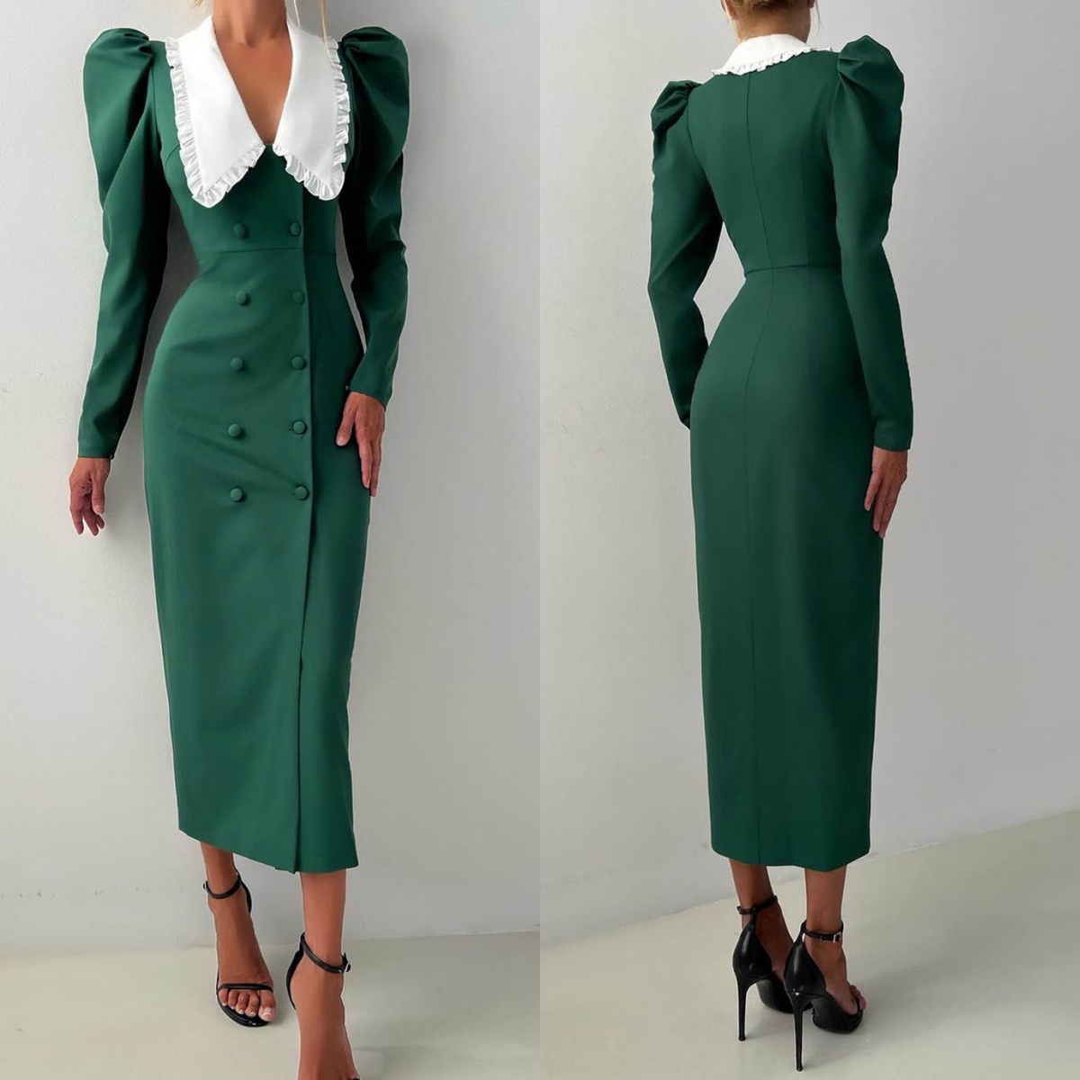 Puff Sleeve Women Blazer Custom Made Lace Collar Double Breasted Red Carpet Wear Slim Fit Jacket Dress One Pieces