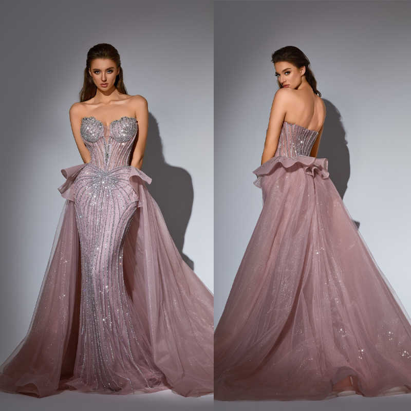 Exquisite Crystals Strapless Mermaid Evening Dresses Detachable Train Prom Gowns Beaded Sequins Party Customized Dresses