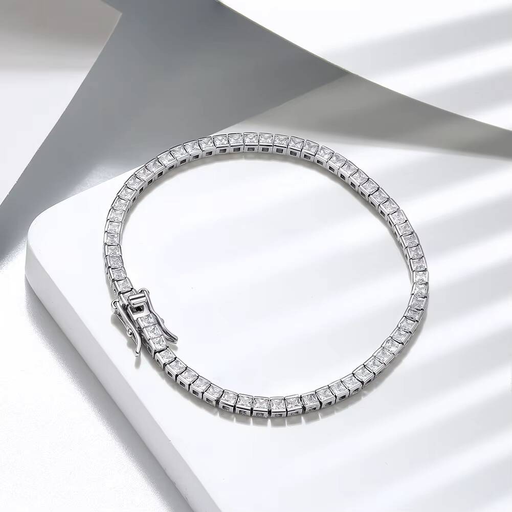 RINNTIN SB144 S925 Sterling Silver Rhodium Plated Bezel Setting 2mm Princess Cut CZ Casting Tennis Bracelet for Women