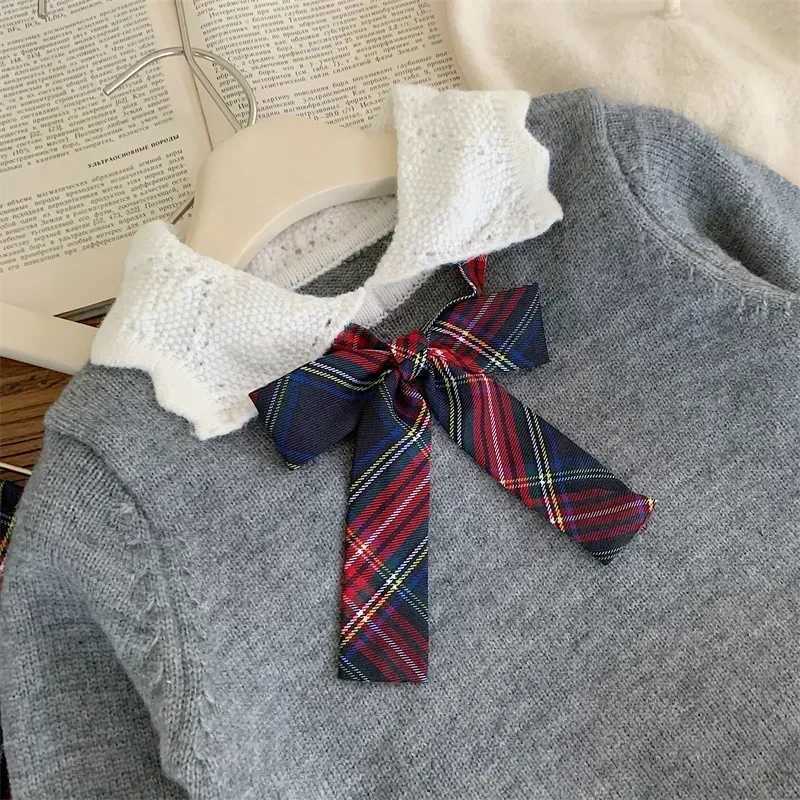 2025 Kids Boutique Clothes Girls Gray Sweater Plaid Skirt 2Piece Set Kawaii Knitwear Baby Girl Outfit L250926G56D