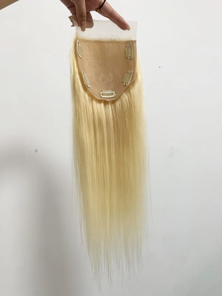 Silk Top Lace Closure #613 Blonde Silicone Skin Base Human Hair topper toupee for white women with Baby Hair with clips raw virgin Hair Extensions Top