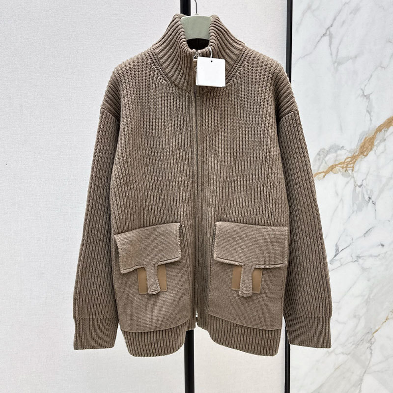 Retro Y2K Designer Luxury Women's Dual Pocket Wool Knit Coat Trendy Simple Drop Shoulder Long Sleeve Zip Up Red Dark Khaki Paris Runway Warm Chic
