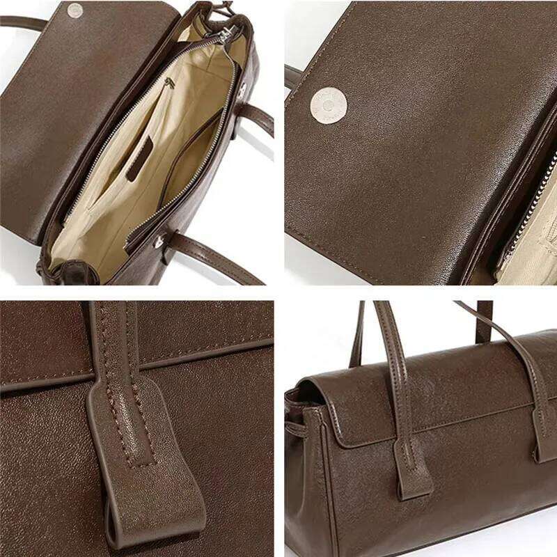 New Genuine Leather Women's Shoulder Large Capacity Cowhide Handbag Long Strip Black Baguette Bag Female