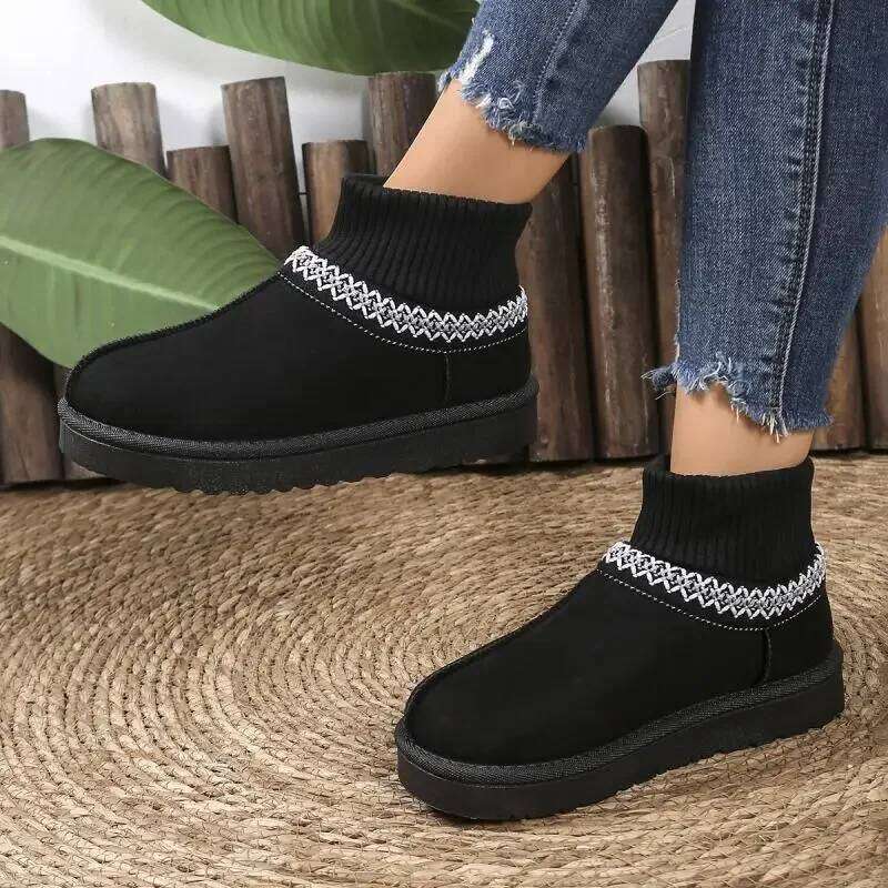 Classic Suede Non Slip Snow Women Winter Soft Thick Bottom Cotton Ankle Boots Warm Plush Embroidery Decoration Shoes