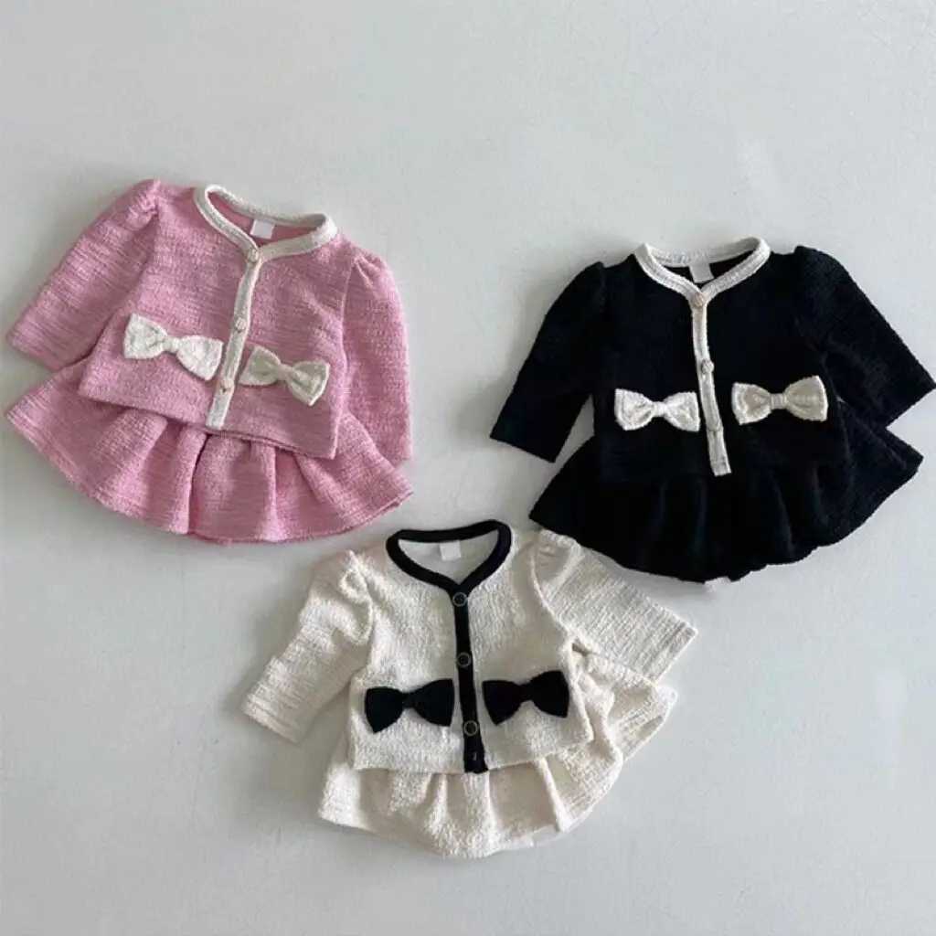 Autumn Fashion Girl Children Bow Long Sleeves Shirt Set Baby Sweet Cotton Tops Solid Skirt 2pcs Kid Infant Casual Blouses Suit L2509260YN8