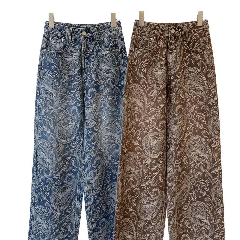 Women's Retro Paisley Print Denim Wide-Leg Pants High-Waisted Slimming Loose Straight-Leg Ethnic Style Full-Print Jeans Trousers CK003 Z260313