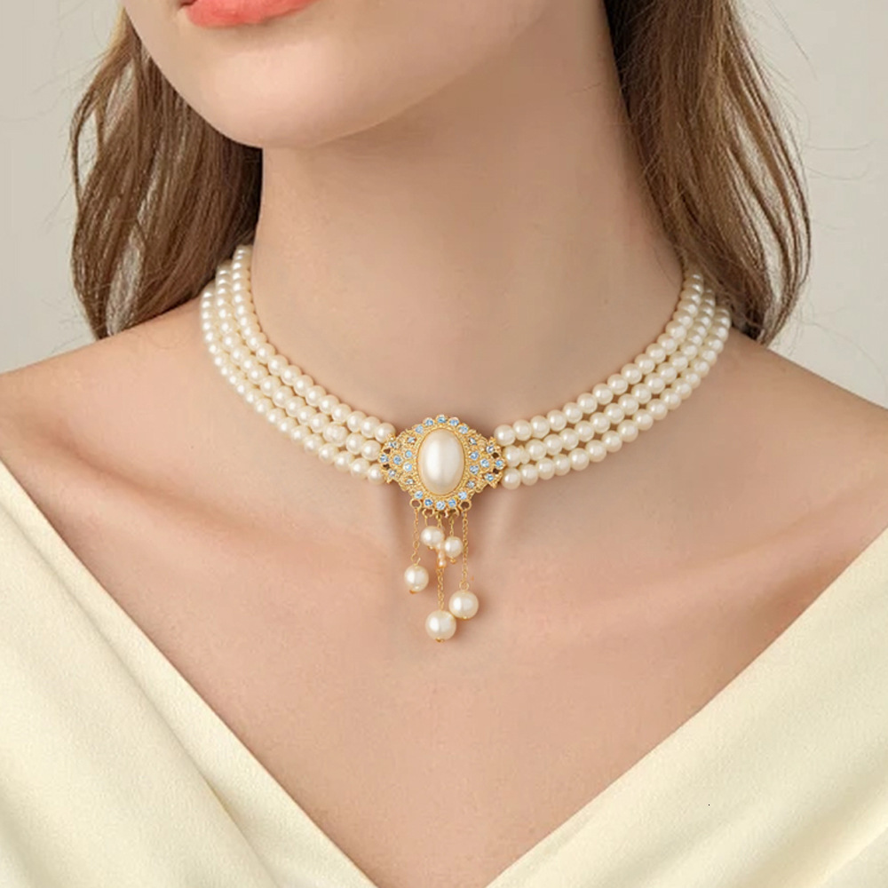 French Court Style Collarbone Chain Elegant Oval Pearl Tassel Necklace With Inlay