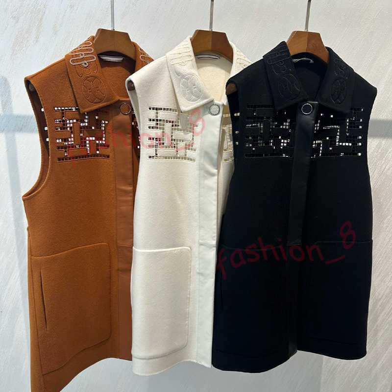Designer Women's Wool & Blends 2025 Autumn New Style Lapel Hollow Out Vest Mid-Length Embroidered Fashion Casual Elegant Cashmere Outerwear Top