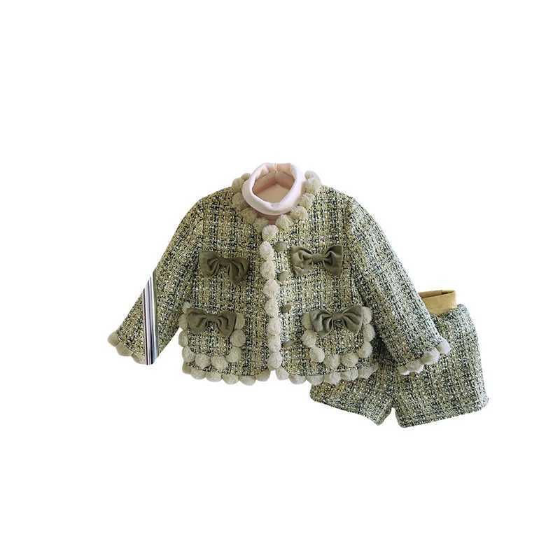 Childrens Set New Korean Thickened Butterflyknot Jacket Shorts Twopiece Set for Autumn and Winter Kids Clothes L25092622BC