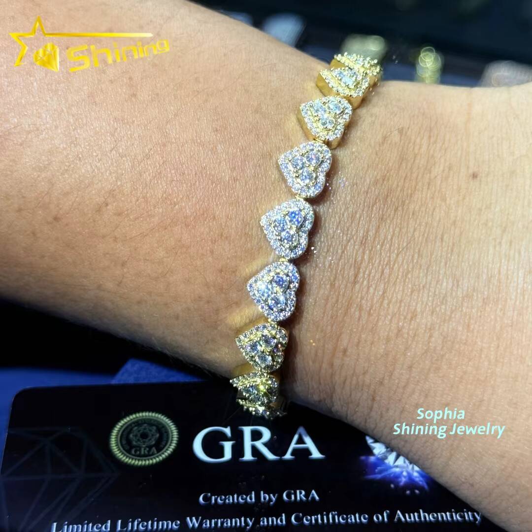 Heart Design Solid Silver 925 Hip Hop Iced Out Cuban Link Bracelet 8mm VVS Moissanite Diamond Womens Fine Jewelry Bracelet