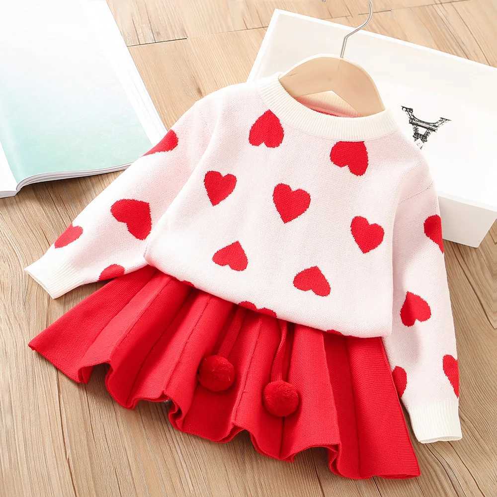 Spring Autumn Girls Clothing Set Heart Pattern Knitted Sweater Sweatshirt Ball Decoration Skirt 2Pcs Suit For Girl L2509268P7E