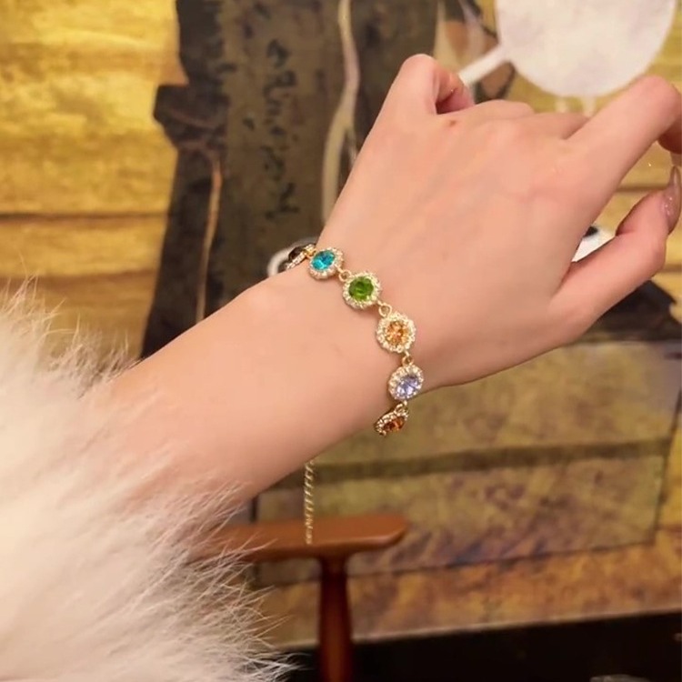 Gold - Toned Multi - Colored Gemstone Bracelet With Crystal Halos Delicate Daily & Vibrant Jewelry Gift For Her High - Quality And Eye - Catching Acce