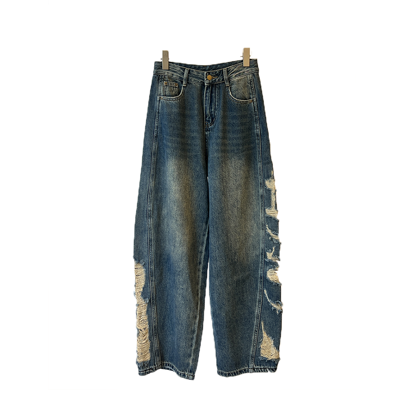 Women's Jeans Women's High-Waisted Floor-Length Denim Jeans-Waisted Slimming Ripped Washed Loose Straight-Leg Jeans Trousers CK006