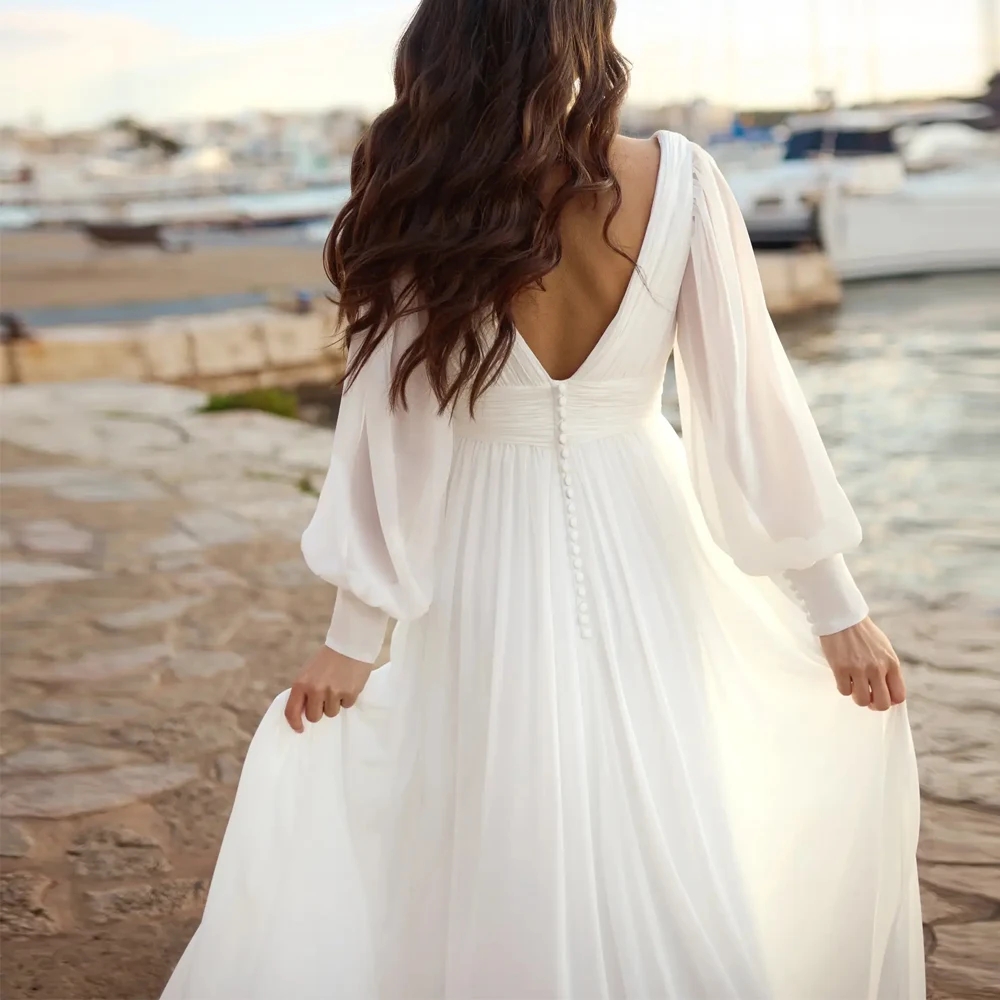 Simple A-line Wedding Dress Deep V Neck Long Puffy Sleeves Pleated Side Slit Chiffon Bride Party Gown beach Bridal Gowns Vestidos De Noiva