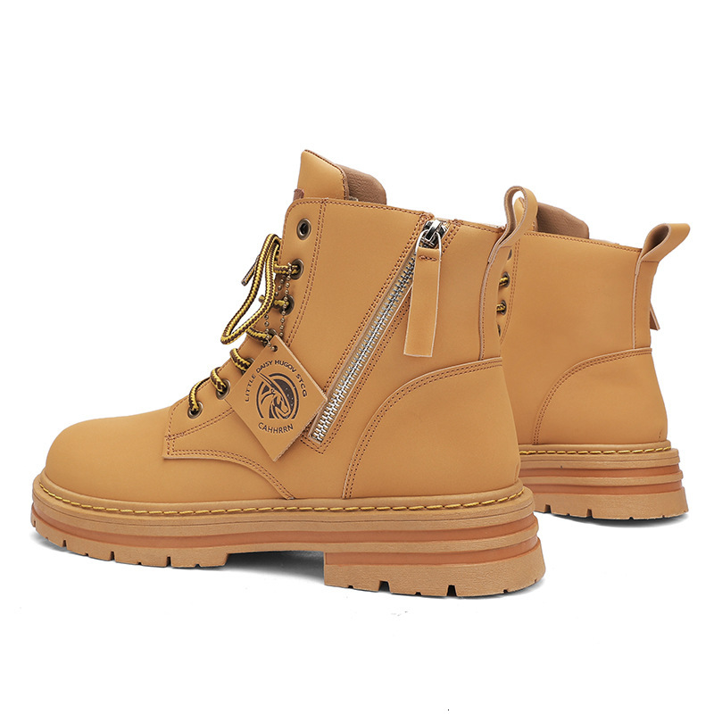 New Yellow Autumn Winter British Style High Top with Cotton Lining Work Short Fleece Zipper Martin Boots for Men