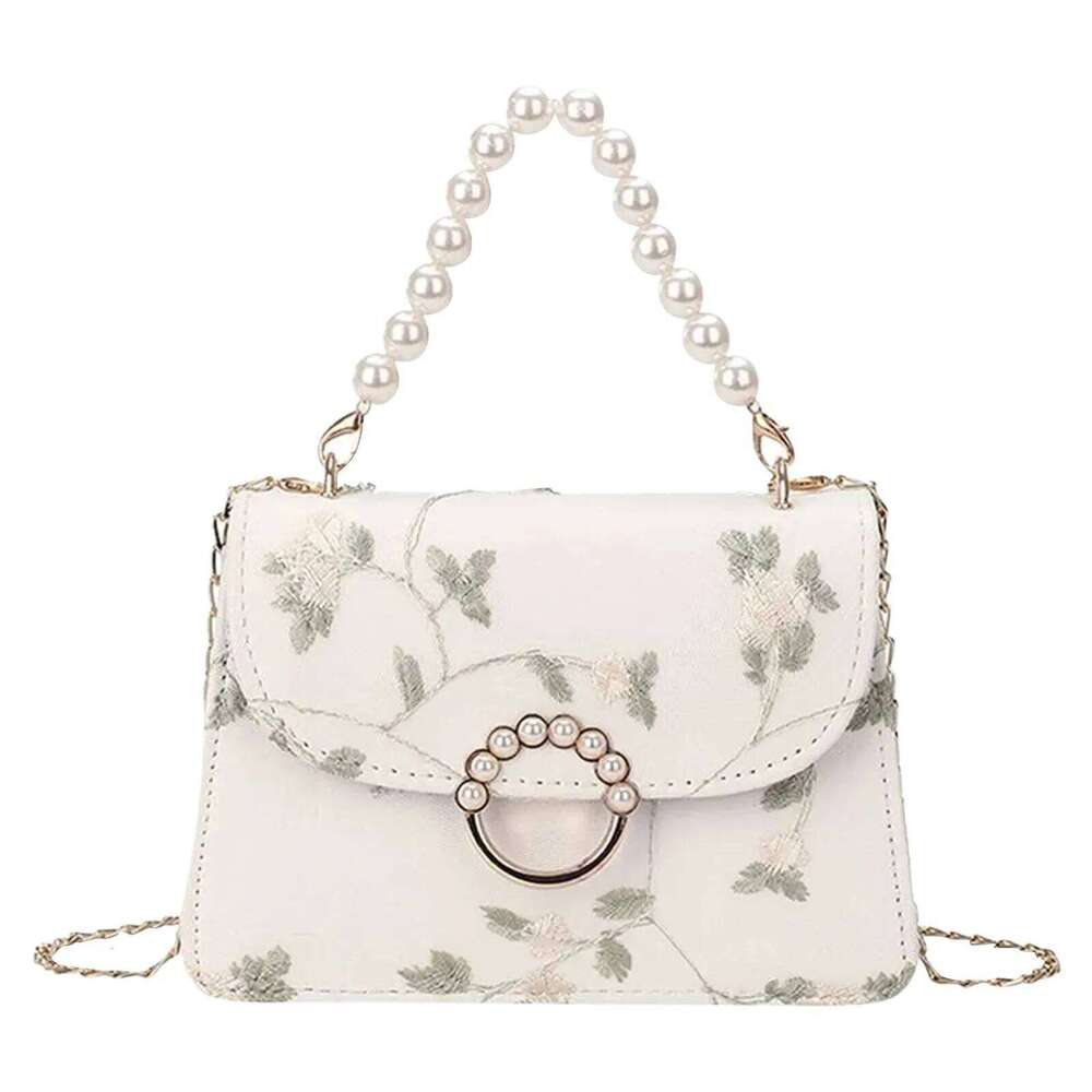 Women'S Fashion Chain One Shoulder Crossbody Non-Positioning Lace Embroidery Pearl Handbag Small Square Bag Bolsas Para Mujeres