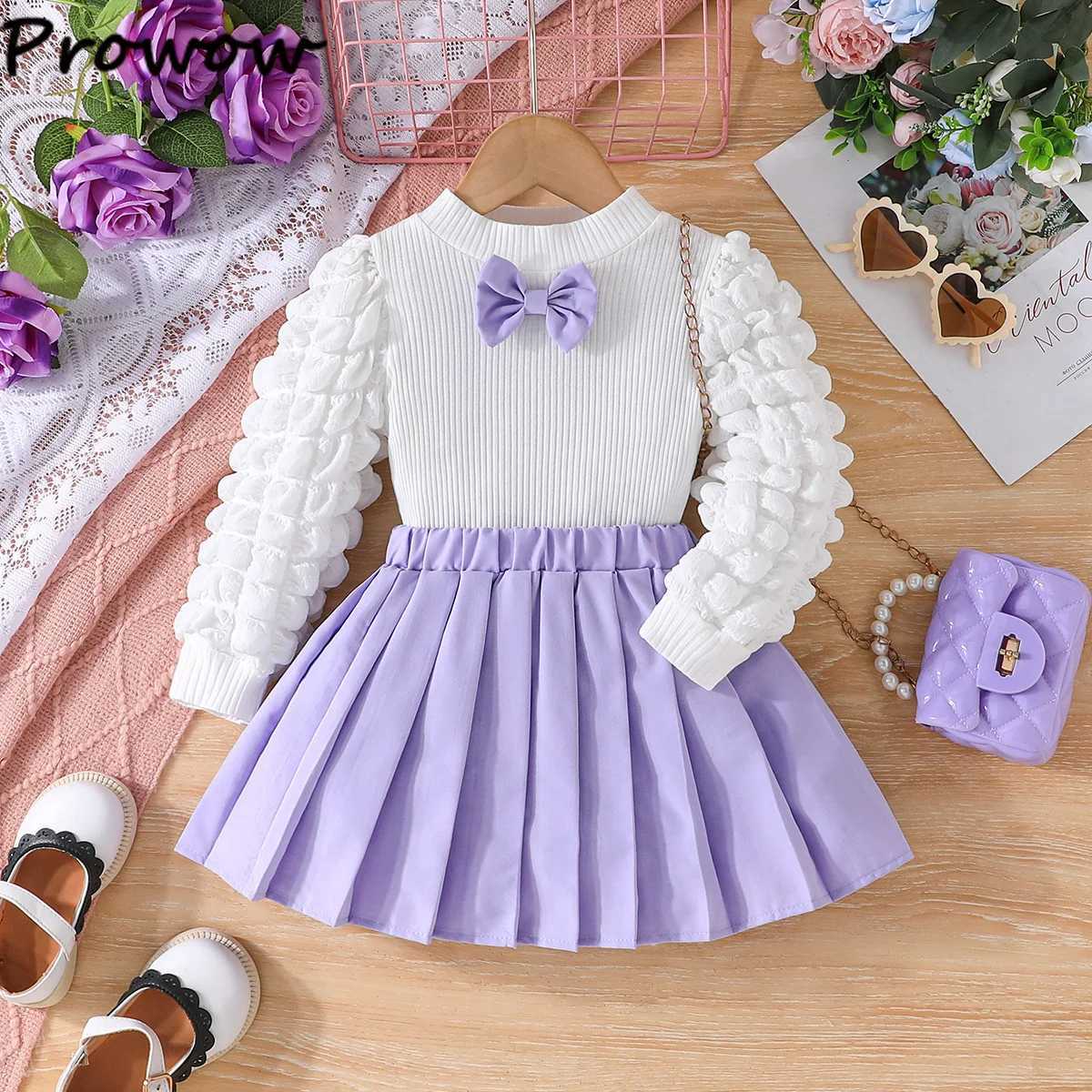38Y Childrens Clothing Girls Autumn Winter Outfits Bubble Sleeve White Top and Pleated Skirt Two Piece Sets For Baby Kids Girl L250926FJS7