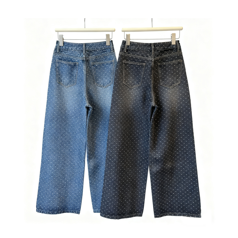 Women's Retro Casual Spotty Wide-Leg Jeans High-Waisted Slimming Loose Polka Dot Denim Pants CK001 Z260313