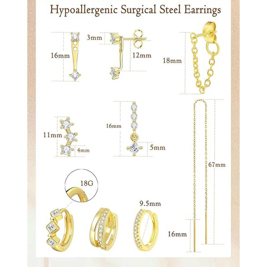8 Pairs 18K Gold Plated Small Hoop Earring CZ Cartilage Stud Earring for Women Long Chain Drop Dangle Stack Earrings for Multiple Piercings Gold Tone