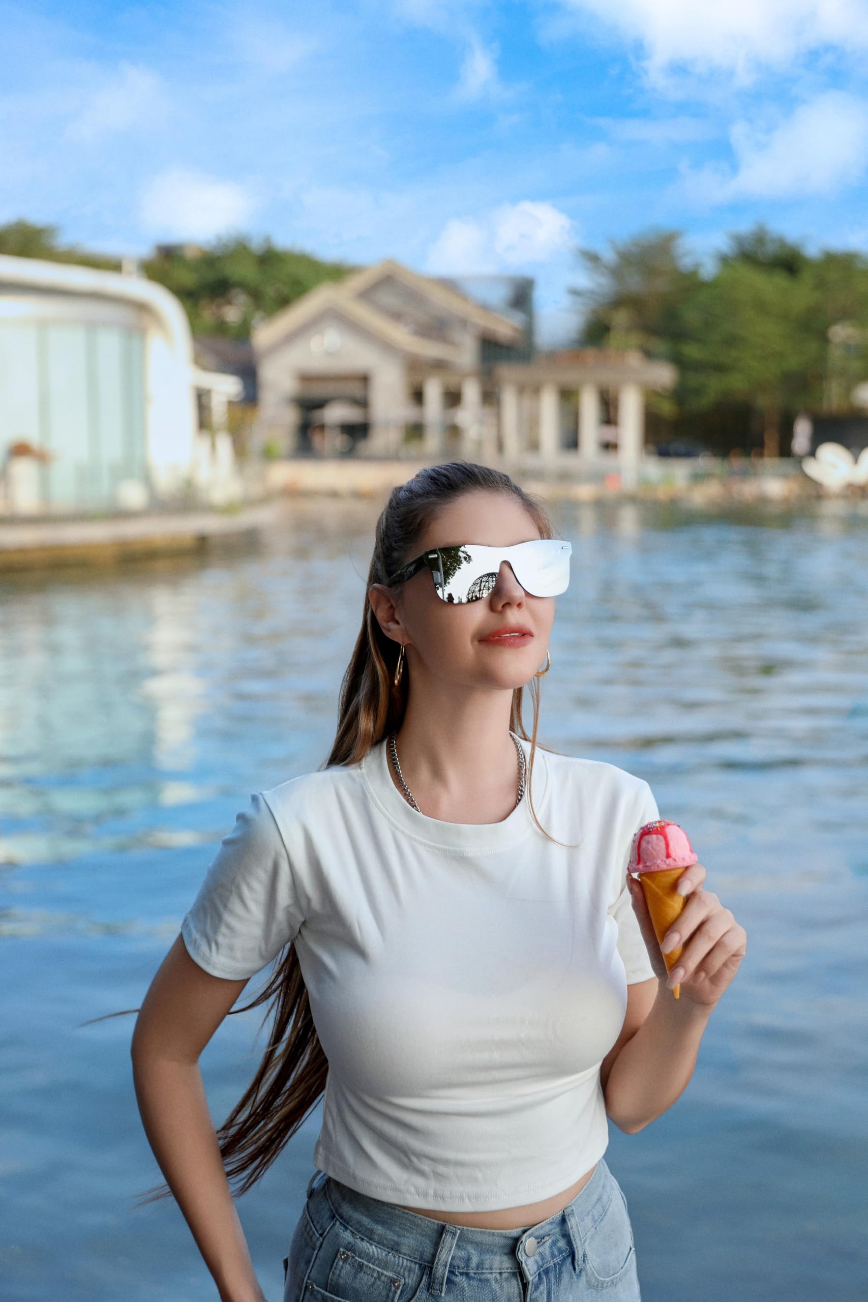 Rimless Mirrored One Piece Lens Sunglasses Trendy Reflective Sun Glasses Outdoor Driving Shades
