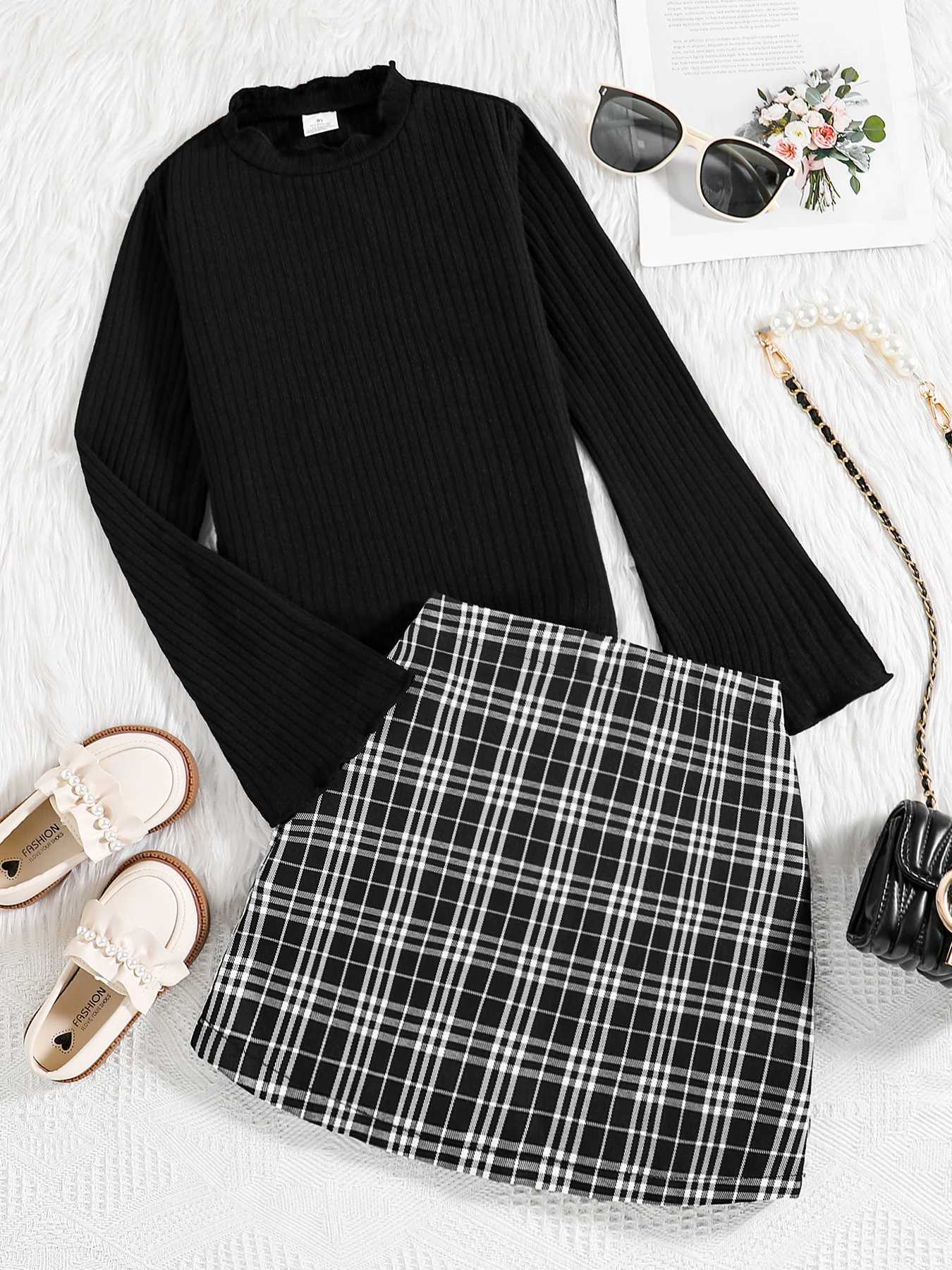 Childrens clothing girls and teenagers autumn fashion round neck black long sleevedhigh waisted checkered hip hugging skirt L250926RXM9