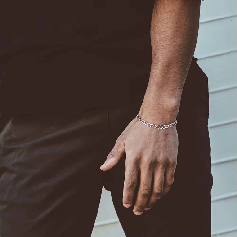 RINNTIN SB123 Handmade Italian 925 Sterling Silver 18K Gold 3mm 5mm DiamondCut Cuban Link Curb Chain Bracelet for Men Women