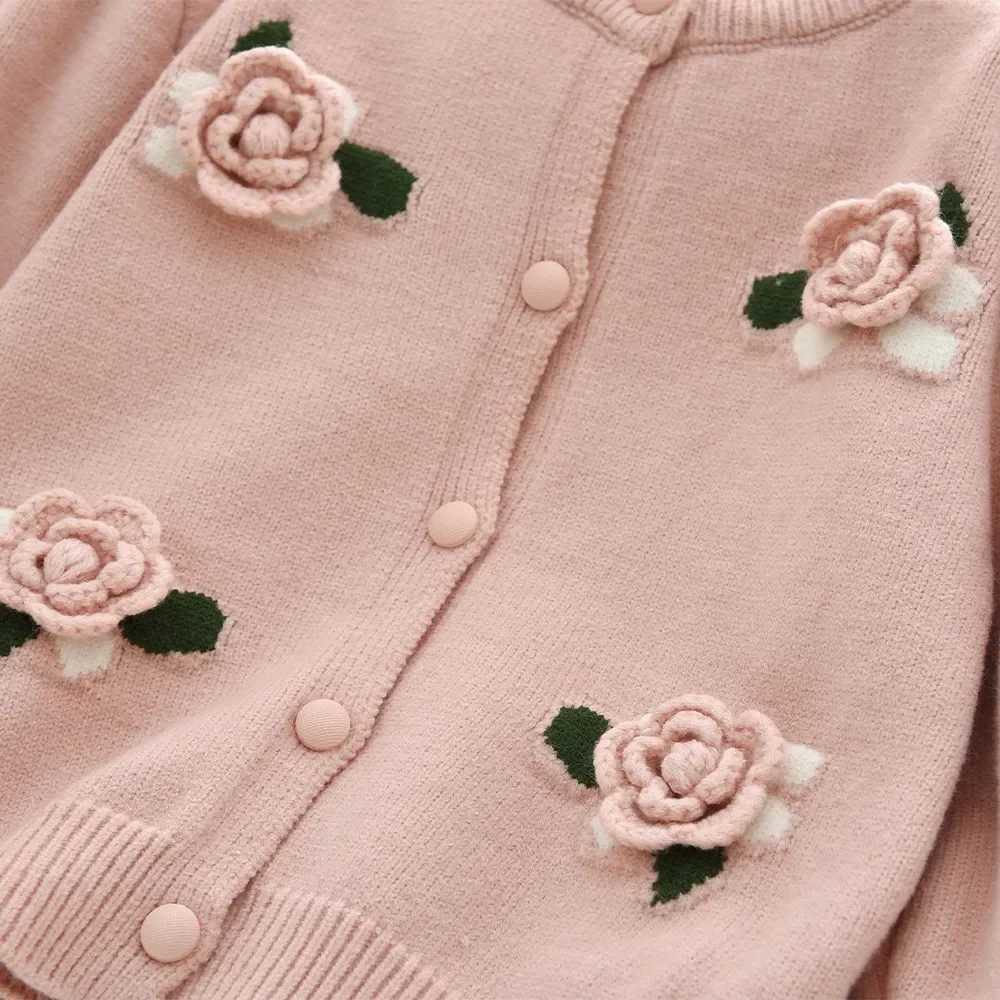 Korean Pink Childrens Set Long Sleeved Baby Girls Clothes 3D Flower Decoration Knitted Cardigan Top Skirt 2 Pcs L250926XC66