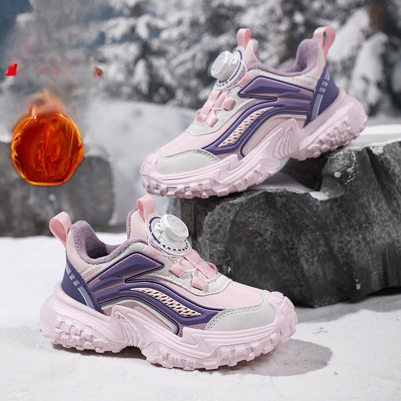 Women's shoes winter new children's leather surface wool lining double cotton sports shoes suitable for older children's trendy casual 