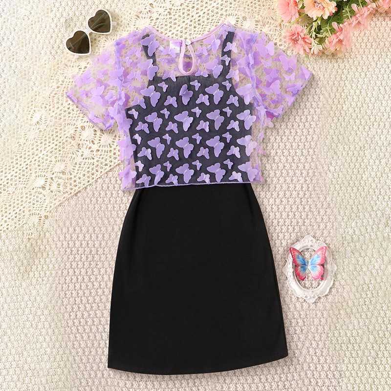 Girls Summer Butterfly 2Piece Dress Tee Set Stretchy Comfortable EasyCare Kidswear L250926WJ3R