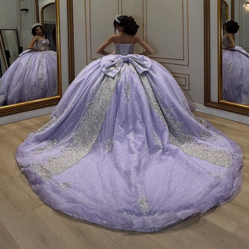 Lavender Shiny Quinceanera Dresses Off The Shoulder Applique Lace Beading Crystal Bow Corset Tull Party Birthday Sweet 16 Dress Vestidos 15 Anos