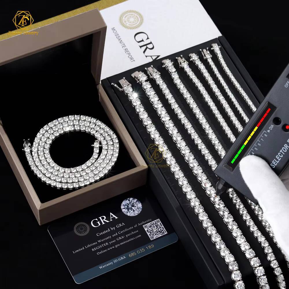 Hip Hop 925 Sterling Silver 3mm4mm Moissanite Chokers Tennis Necklace D Color Gold Plated White VVS Link Chain