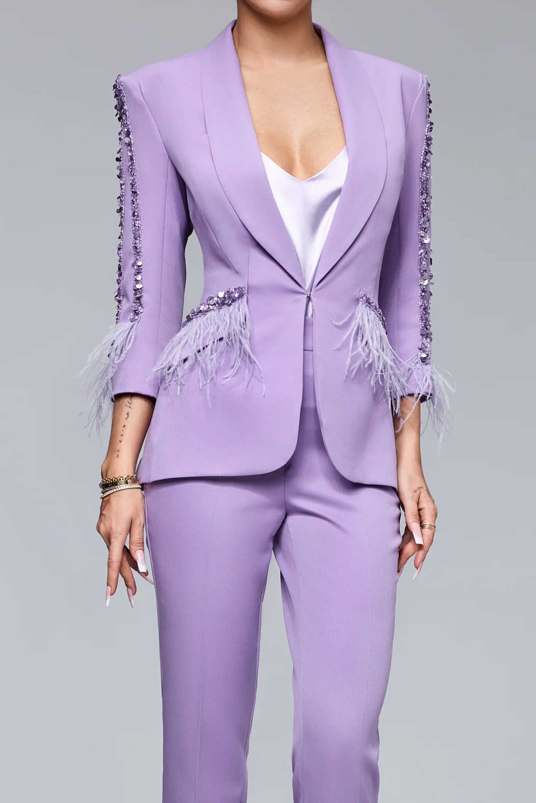 Elegant Purple Women Pants Suits Crystal Beading Red Carpet Lady Slim Fit Wear Prom Birthday Jacket Coat Customized 2 Pieces