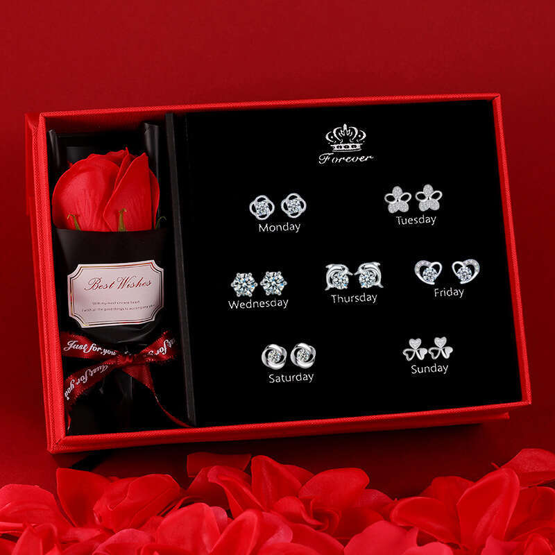 S Sier Needle Earring Set Sakura Star Light Weekly Earrings Qixi Valentine's Day Birthday Gift for Wife