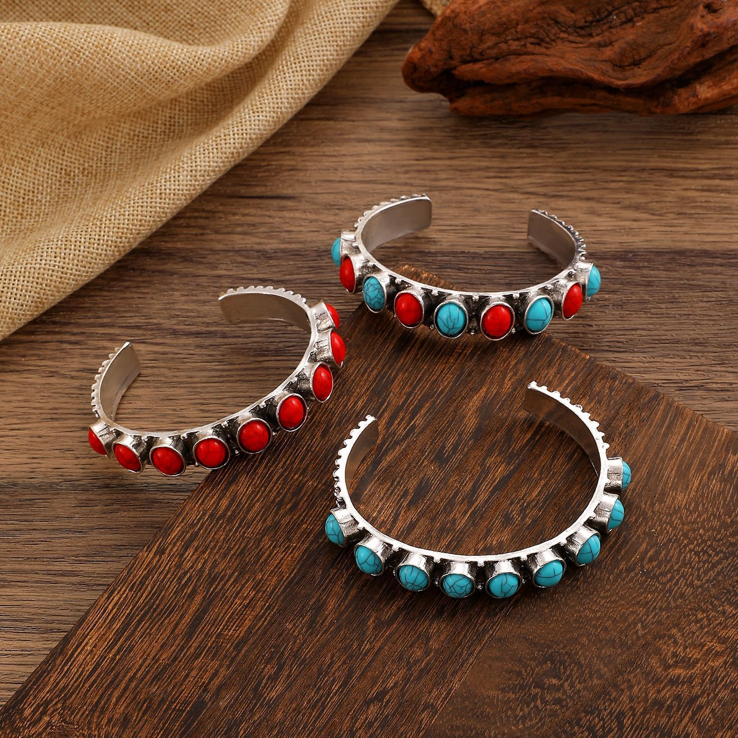Ethnic Style Bohemian Turquoise For Women Carved Hollow Adjustable Open Bracelet