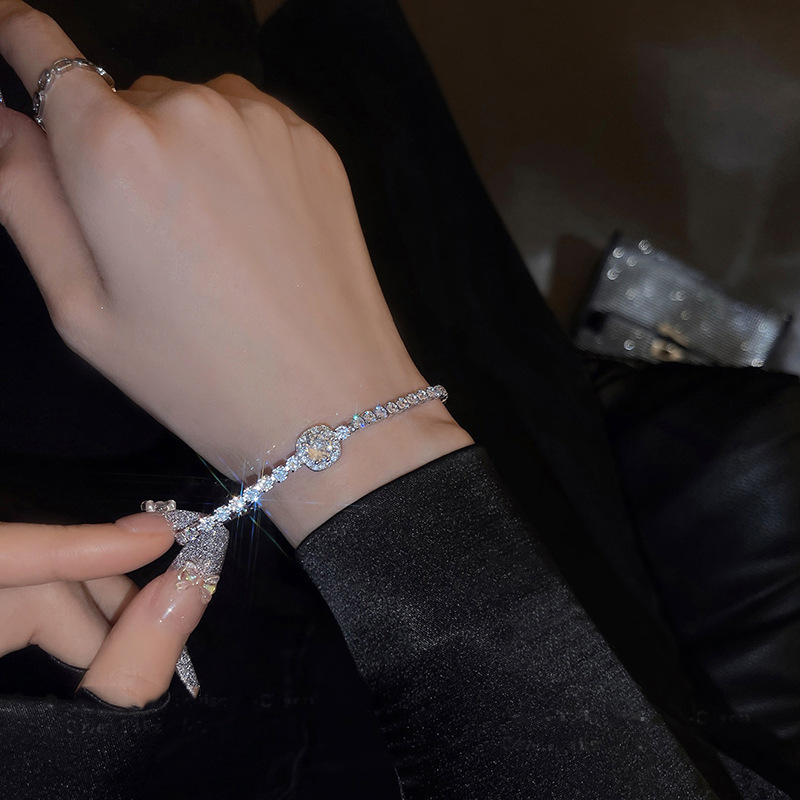 Silver - Toned Round Crystal - Centered Bracelet With Dainty Zircon Chain Delicate Daily & Elegant Jewelry Gift For Her High - Quality And Sparkling A