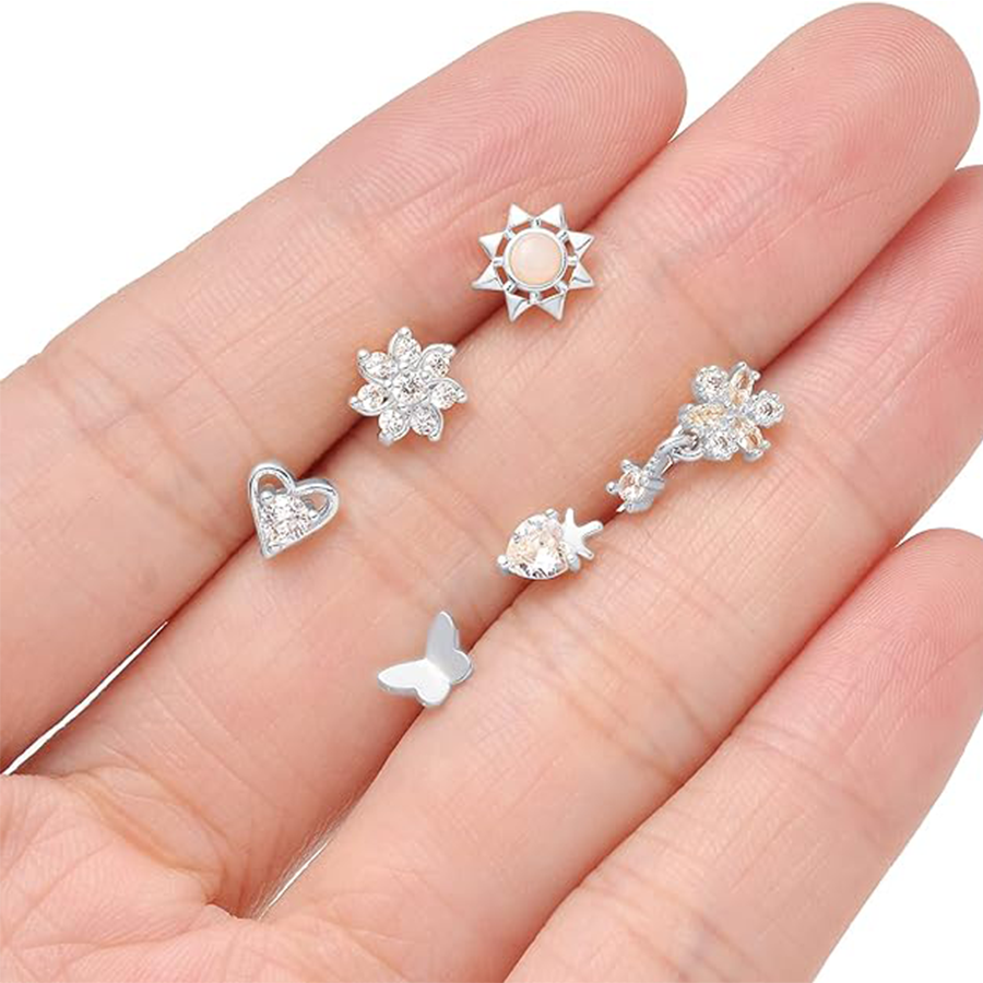 12Pcs Nose Rings Stud L Shape Cubic Zirconia Butterfly Flower Eye Moon Butterfly Heart Snake Shape Nose Studs Piercing Jewelry Silver Plated 20G