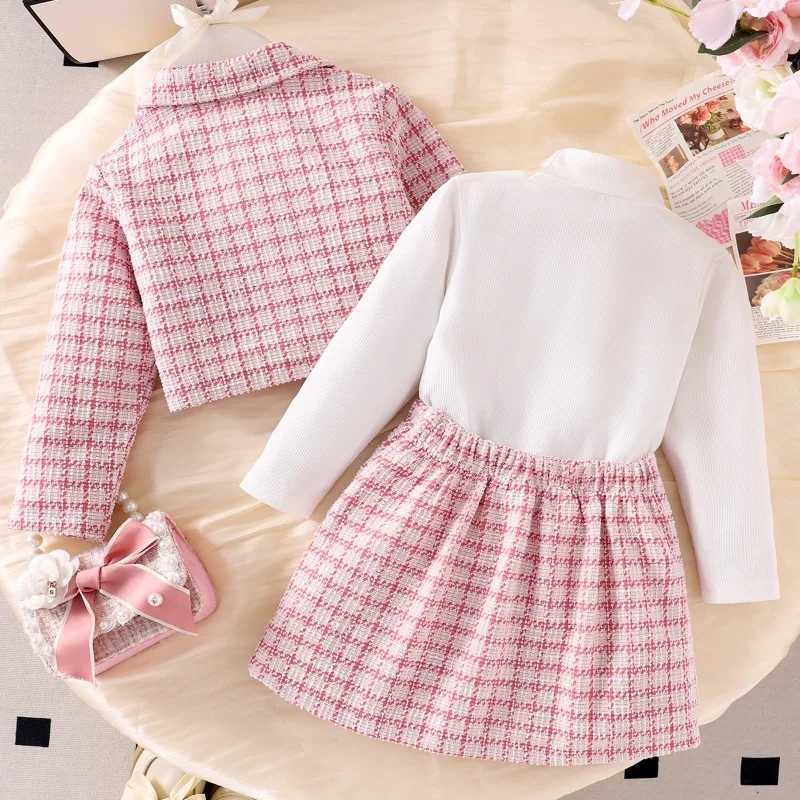 Children Toddler Kit Girls Small Fragrance Pink Plaid Suit Tweed Plaid Jacket Round Neck Pure Top Pleated Skirt Threepiece Set L250926VOAH