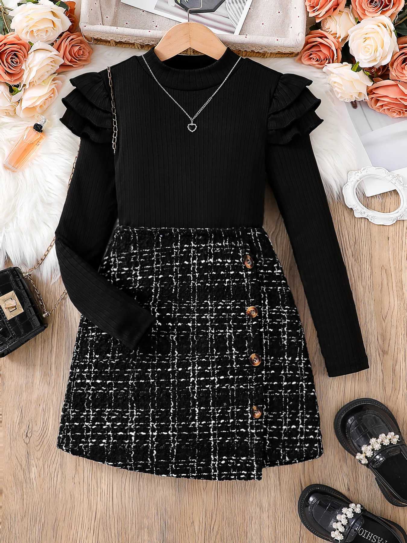 Kids fashion Fall Set 2 piece girls black high neck layered petal sleeve long sleeve top Aline skirt L250926JXGP