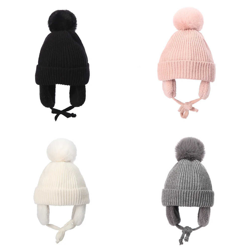 Winter Kids Baby Boys Girls Hat Big Pompom Beanie with Earflap Wool Plush Childrens Knitted Ear Protection Cap Thick Keep Warm L250925OZZ7