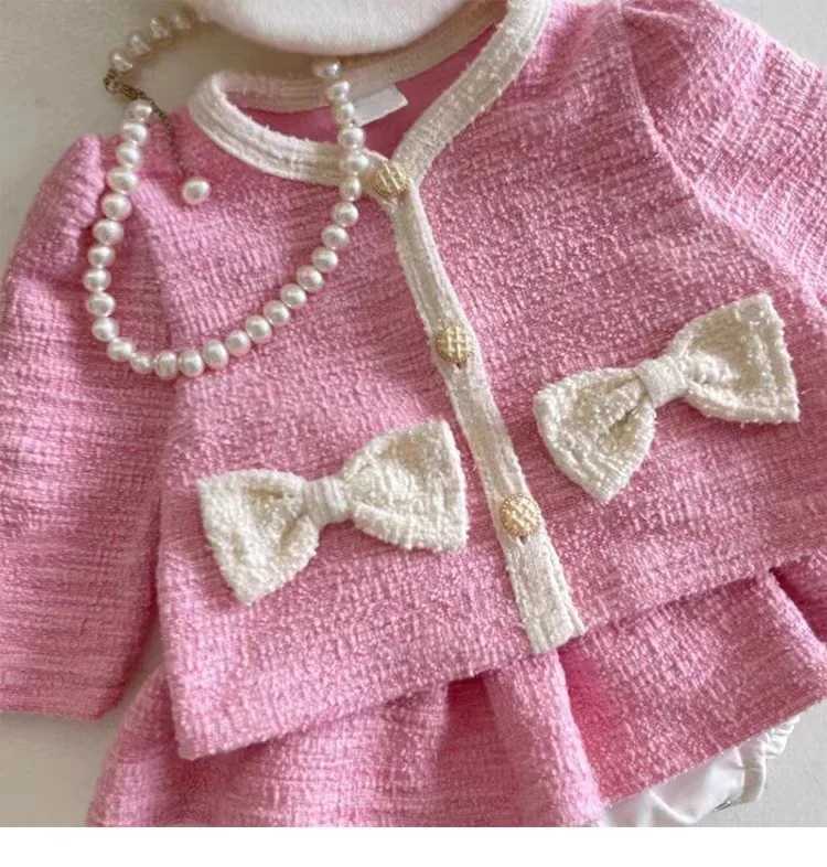 Autumn Fashion Girl Children Bow Long Sleeves Shirt Set Baby Sweet Cotton Tops Solid Skirt 2pcs Kid Infant Casual Blouses Suit L2509260YN8