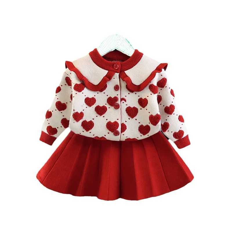 Childrens Suit Sweet Girls Love Sweater Striped Knitted Skirt Two Pieces Suit L25092675V4