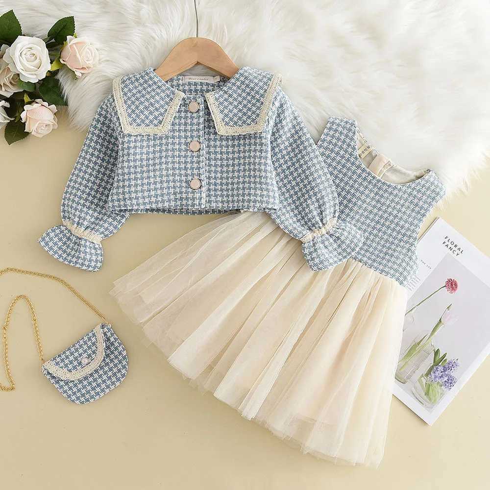 Girls 3Piece Thousand Bird Check Set Big Lapel Coat Waistcoat Skirt Satchel Classic Kids Ensemble L250926ULVZ