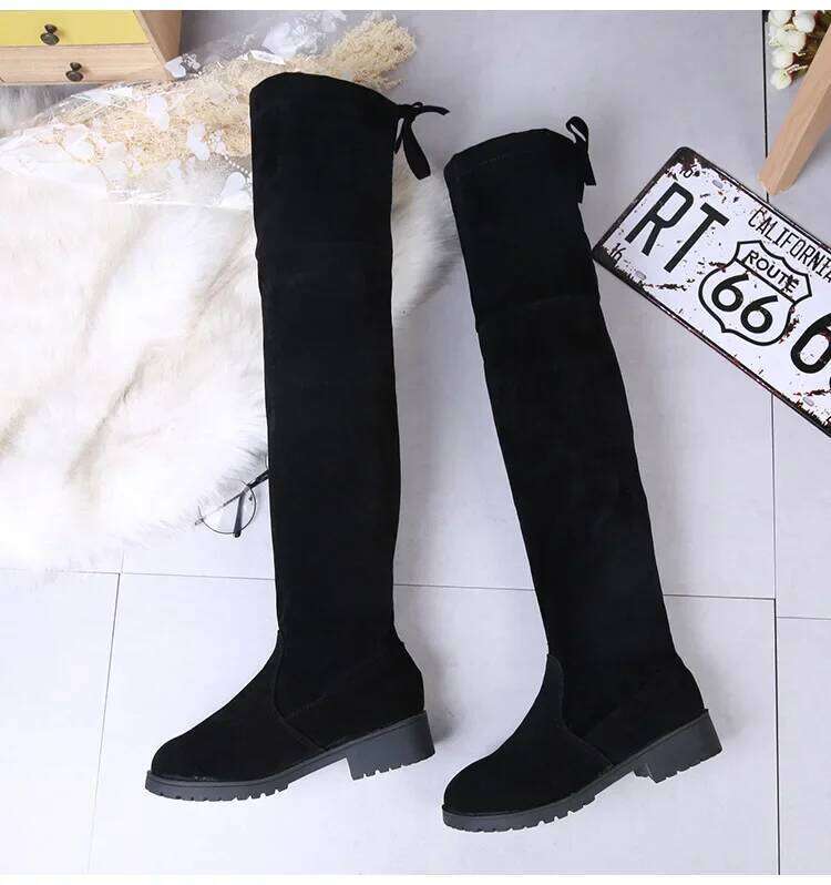 Faux Suede Female Heels Autumn Winter Elastic Knee-high for Women Tube Lace-up Thigh Boots Black Botas