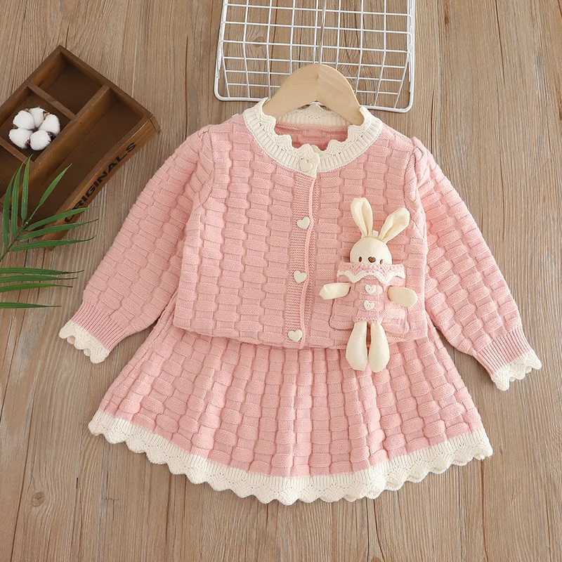 Girls 2025 autumn and winter new knitted sweater set childrens cardigan twopiece set top and skirt L250926Z1BI