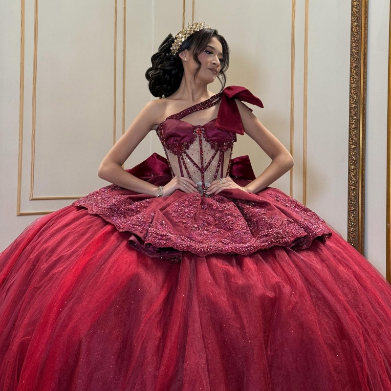 Red Shiny Quinceanera Dresses Off The Shoulder Applique Lace Beads Corset Tiered Tull Party Birthday Sweet 16 Dress Vestidos 15 De Anos