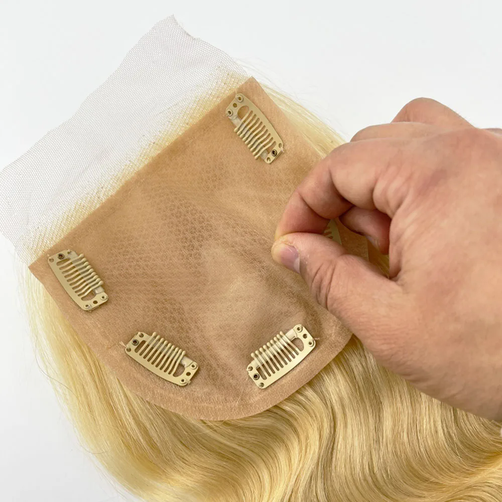 5x5" Ash Blonde Human Hair Topper Silk Skin Base Women Toupee Body Wave Remy Hair Scalp Top Cloure Lace Front with Clip in #613