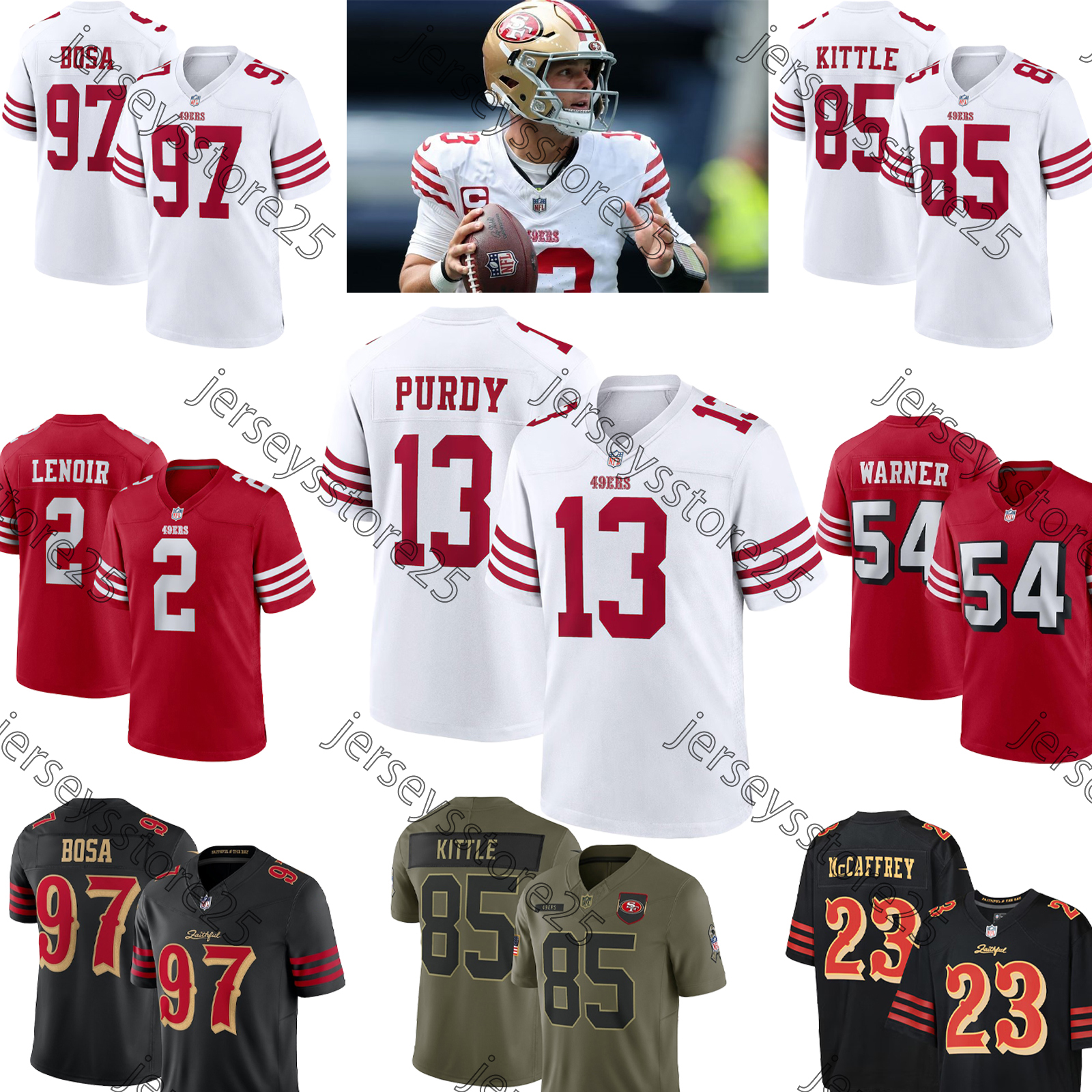 Fred Warner Football Jersey Nick Bosa George Kittle Brock Purdy Christian McCaffrey Ricky Pearsall Kyle Juszczyk Brandon Aiyuk Trent Williams 49erss Jersey